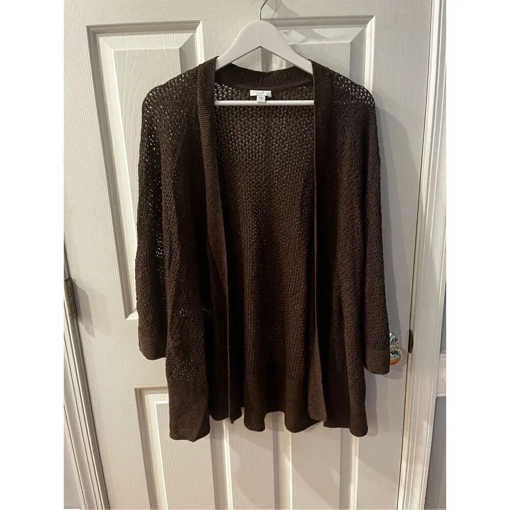 J. Jill Brown Loose Knit Open Front Cardigan Sweater sz L EUC
